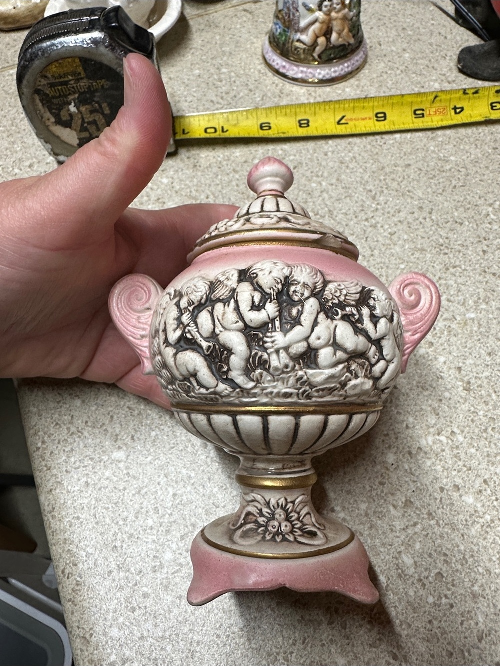 Ornate Pink Cherub Covered Urn with Gold Accents - Ceramic Decorative Accent